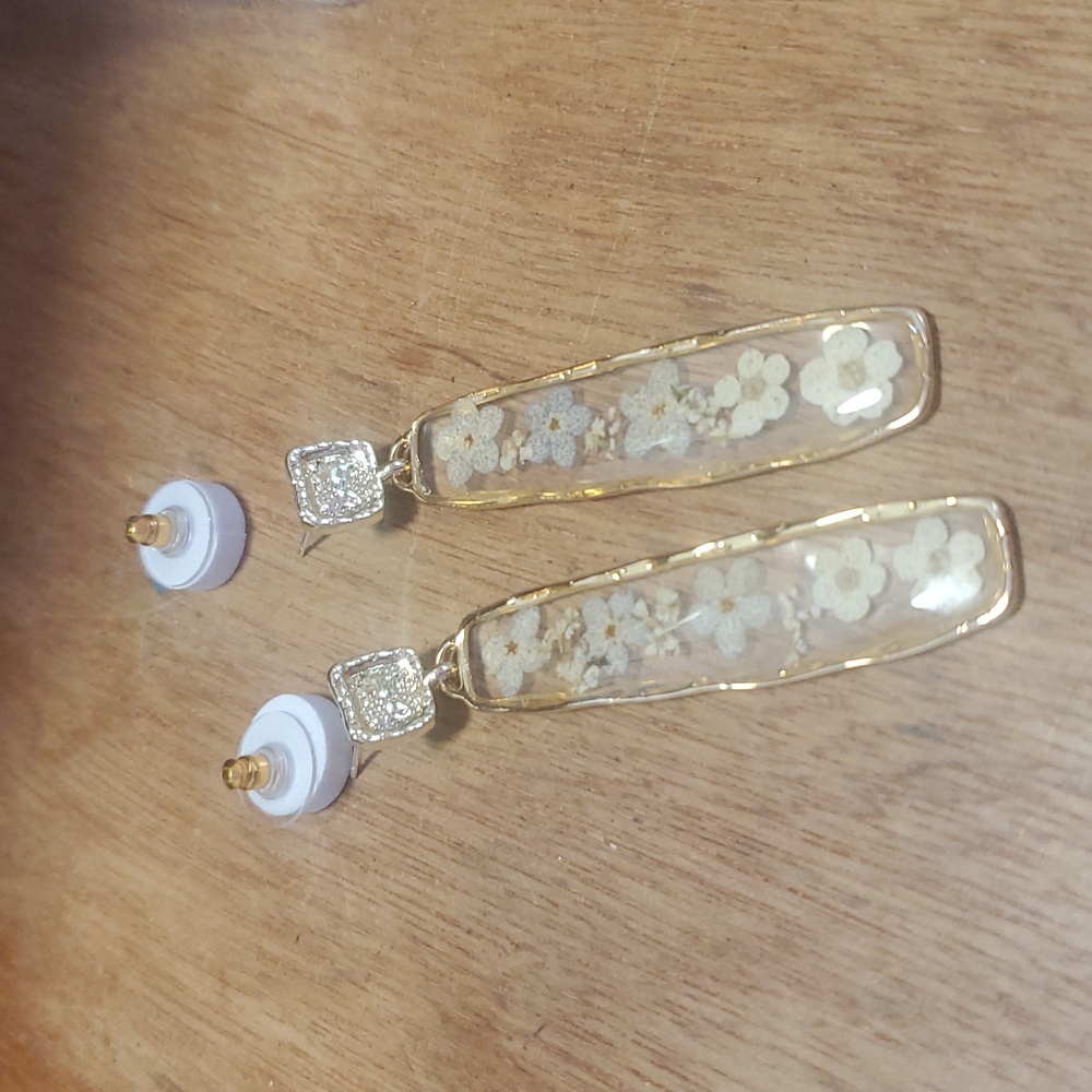 14. Long Silver Rectangle Handmade Resin Pressed Flower Earrings Black